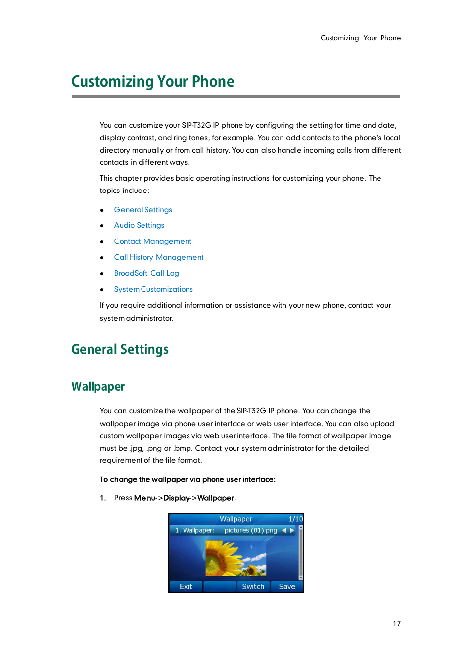 Customizing your phone, General settings, Wallpaper | Customizing, Your phone | Yealink SIP-T32G User Manual | Page 27 / 118