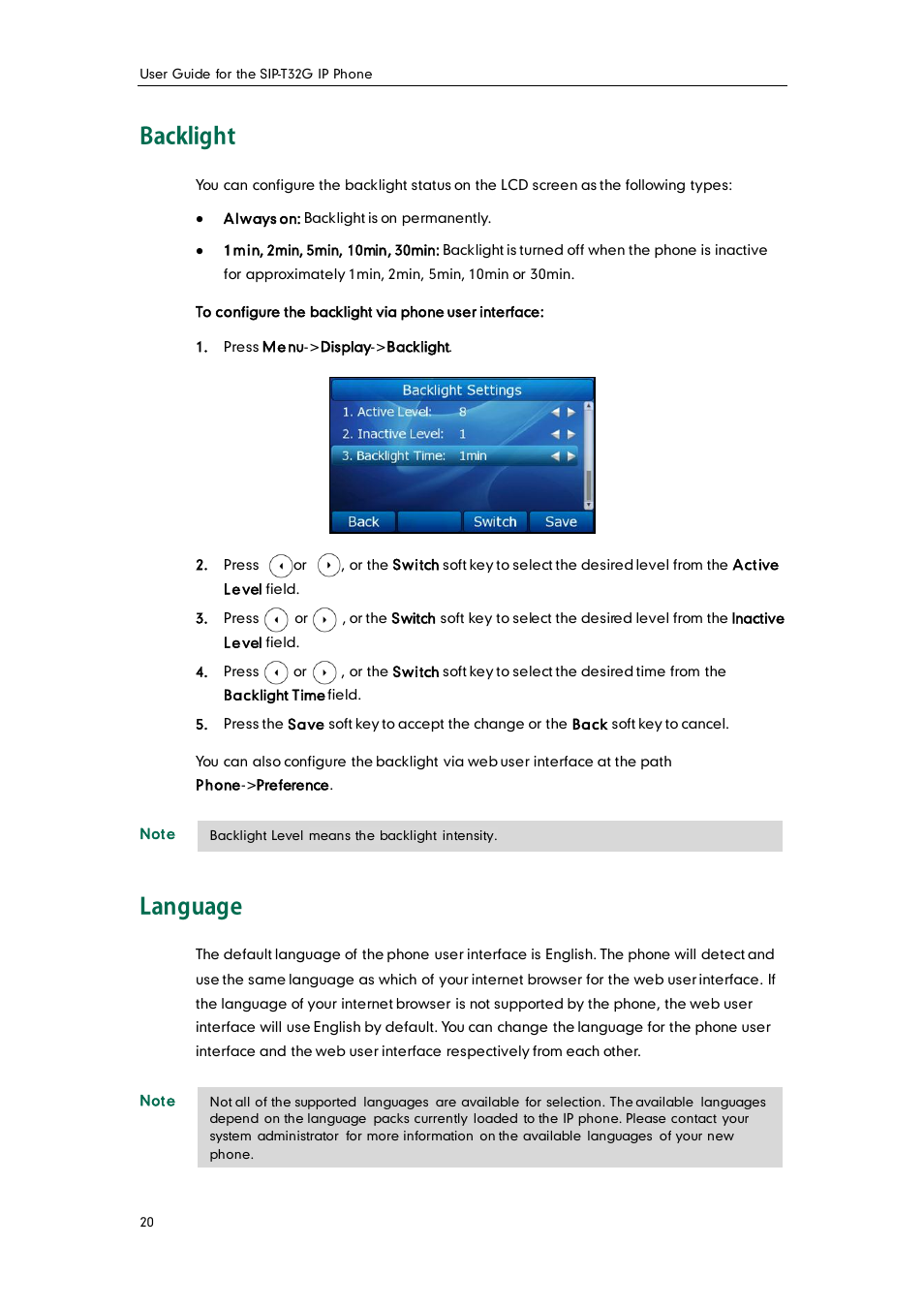 Backlight, Language | Yealink SIP-T32G User Manual | Page 30 / 118