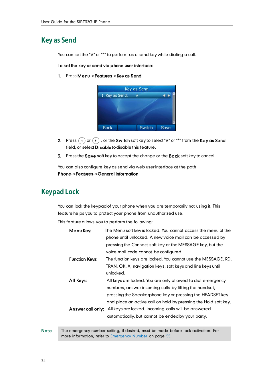 Key as send, Keypad lock | Yealink SIP-T32G User Manual | Page 34 / 118