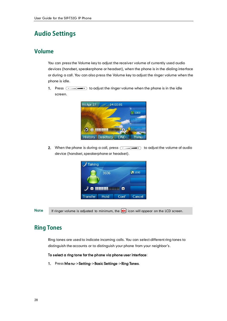 Audio settings, Volume, Ring tones | Yealink SIP-T32G User Manual | Page 38 / 118