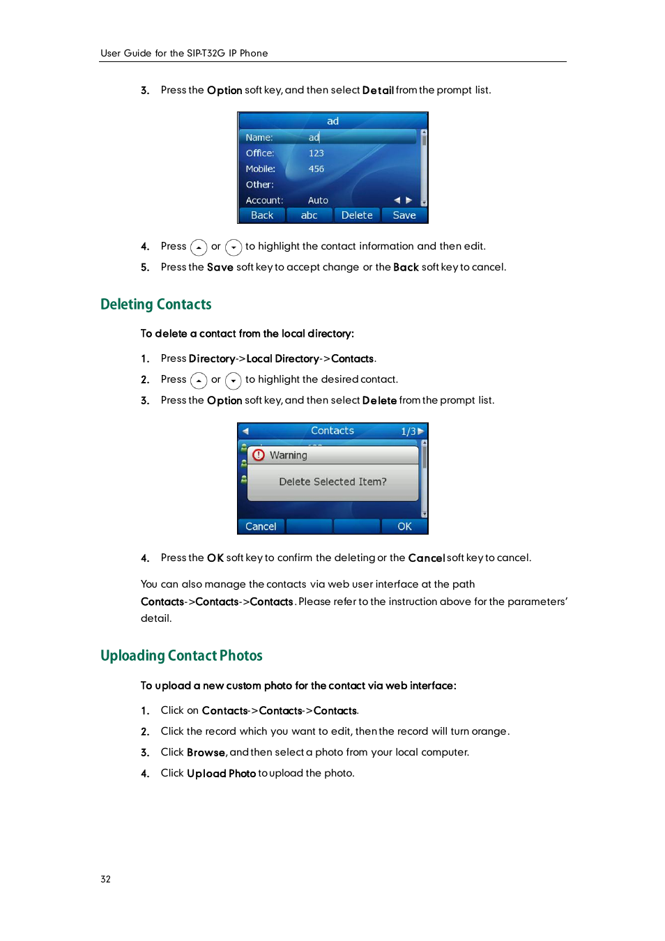 Deleting contacts, Uploading contact photos | Yealink SIP-T32G User Manual | Page 42 / 118