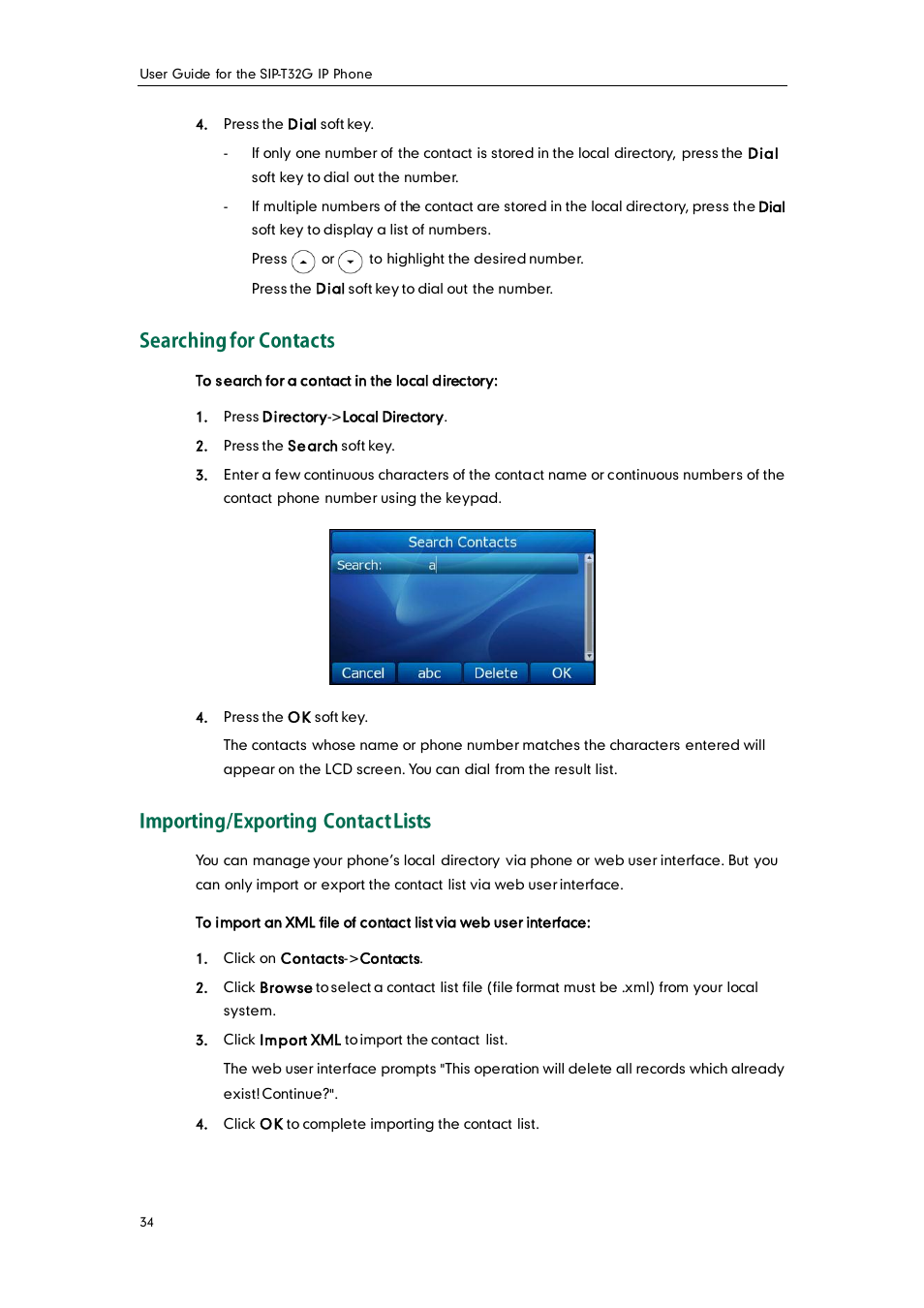 Searching for contacts, Importing/exporting contact lists | Yealink SIP-T32G User Manual | Page 44 / 118