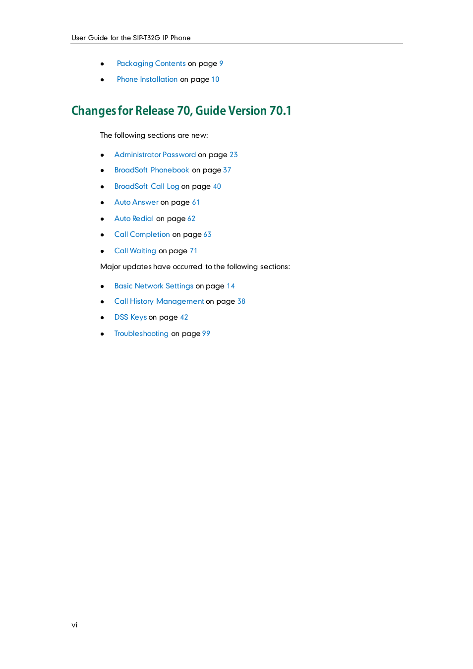 Changes for release 70, guide version 70.1 | Yealink SIP-T32G User Manual | Page 6 / 118