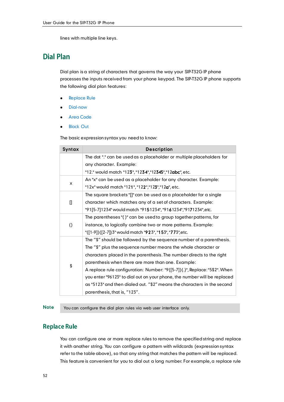 Dial plan, Replace rule | Yealink SIP-T32G User Manual | Page 62 / 118