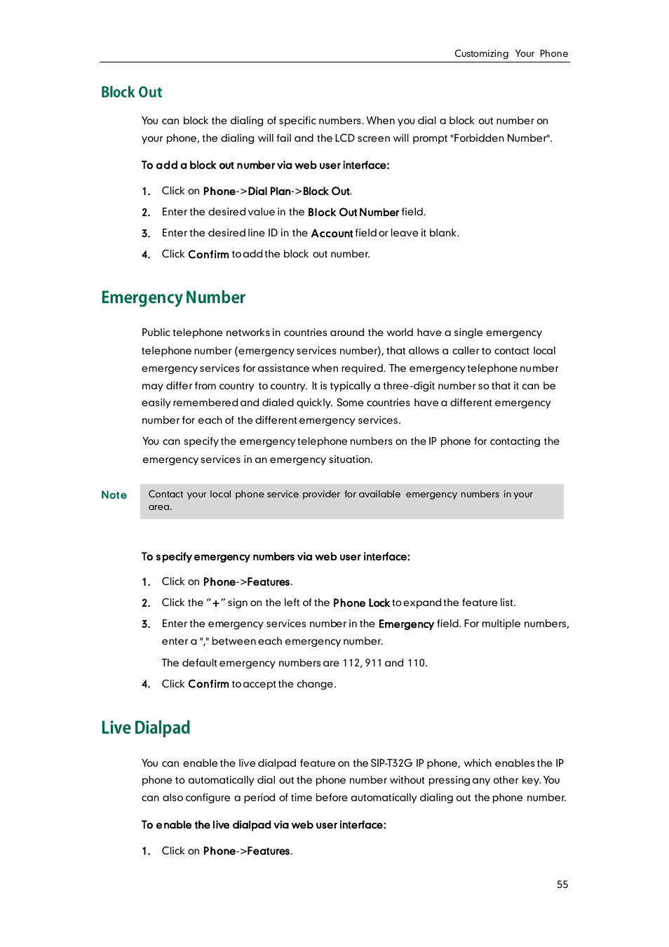 Block out, Emergency number, Live dialpad | Yealink SIP-T32G User Manual | Page 65 / 118