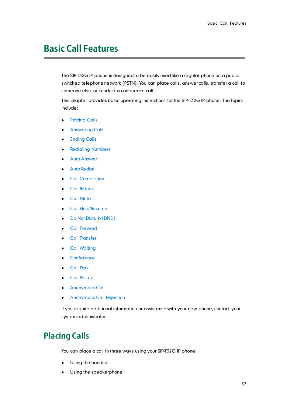 Basic call features, Placing calls | Yealink SIP-T32G User Manual | Page 67 / 118