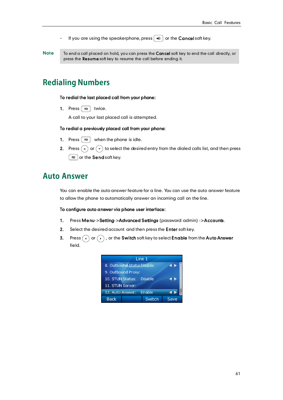 Redialing numbers, Auto answer | Yealink SIP-T32G User Manual | Page 71 / 118