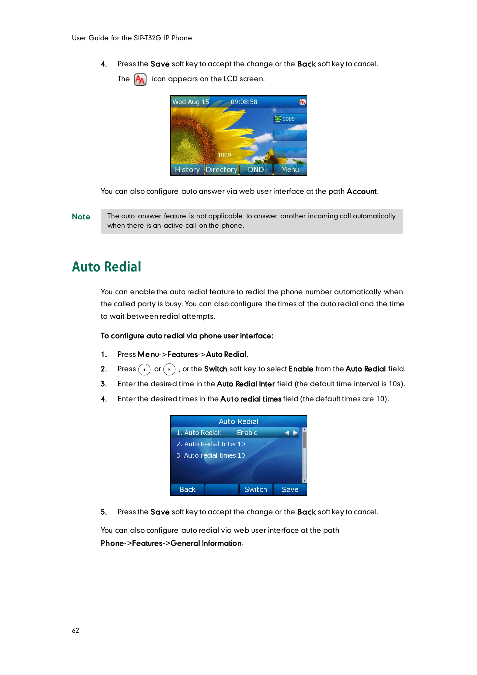 Auto redial | Yealink SIP-T32G User Manual | Page 72 / 118