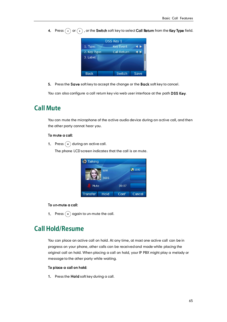 Call mute, Call hold/resume | Yealink SIP-T32G User Manual | Page 75 / 118