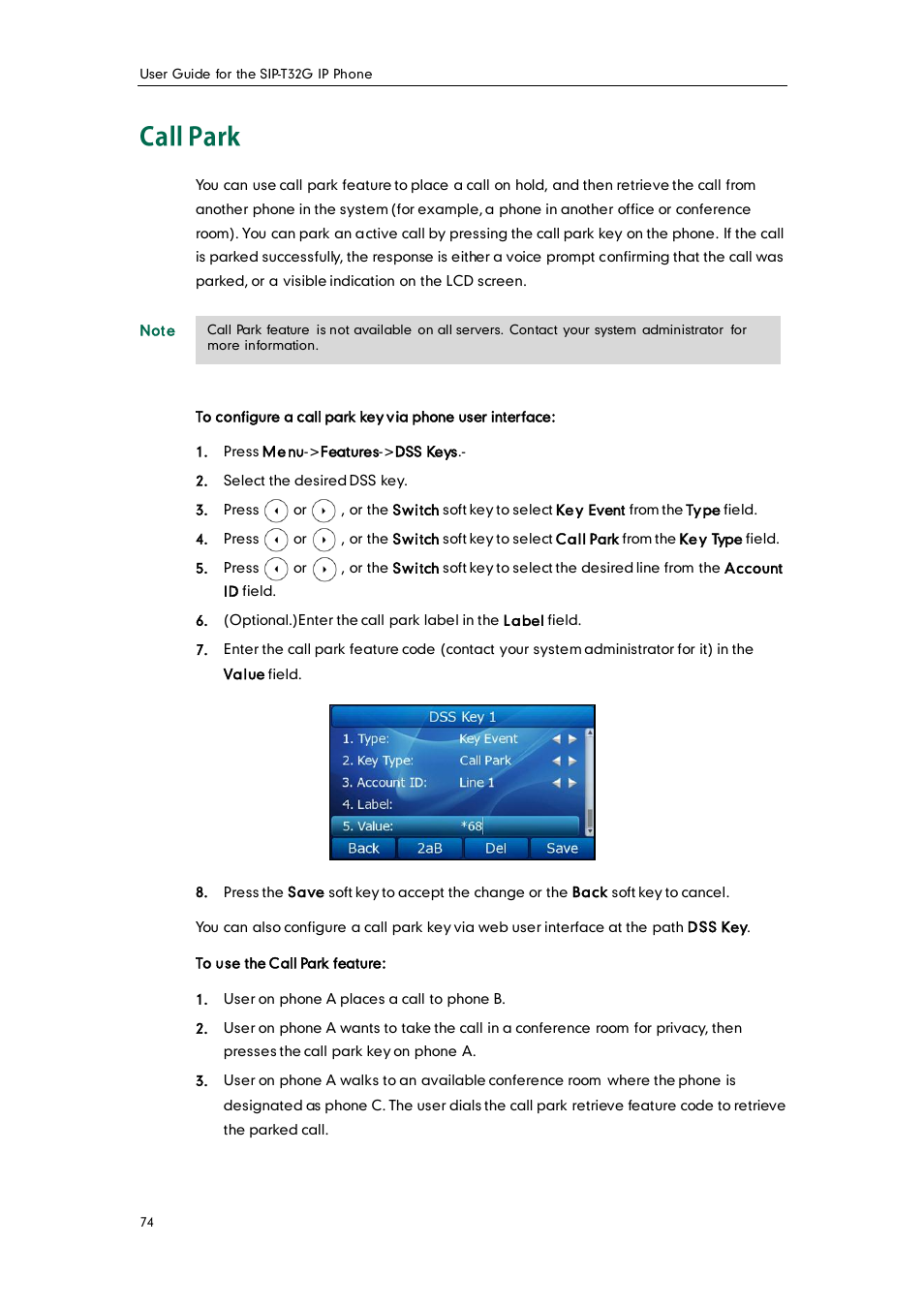 Call park | Yealink SIP-T32G User Manual | Page 84 / 118