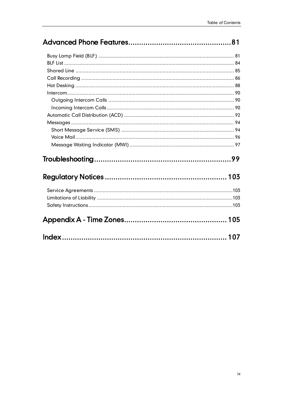 Advanced phone features, Troubleshooting, Regulatory notices | Appendix a - time zones, Index | Yealink SIP-T32G User Manual | Page 9 / 118