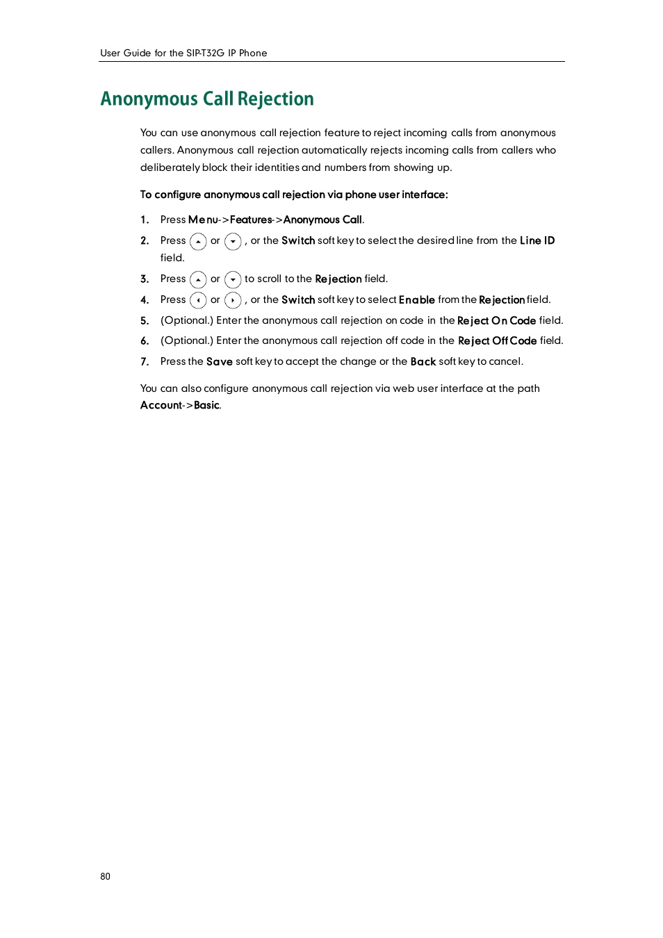 Anonymous call rejection | Yealink SIP-T32G User Manual | Page 90 / 118