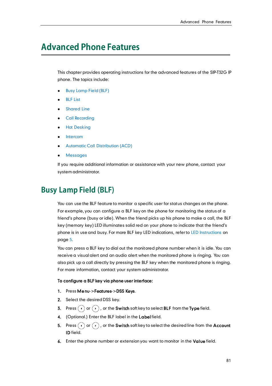 Advanced phone features, Busy lamp field (blf) | Yealink SIP-T32G User Manual | Page 91 / 118