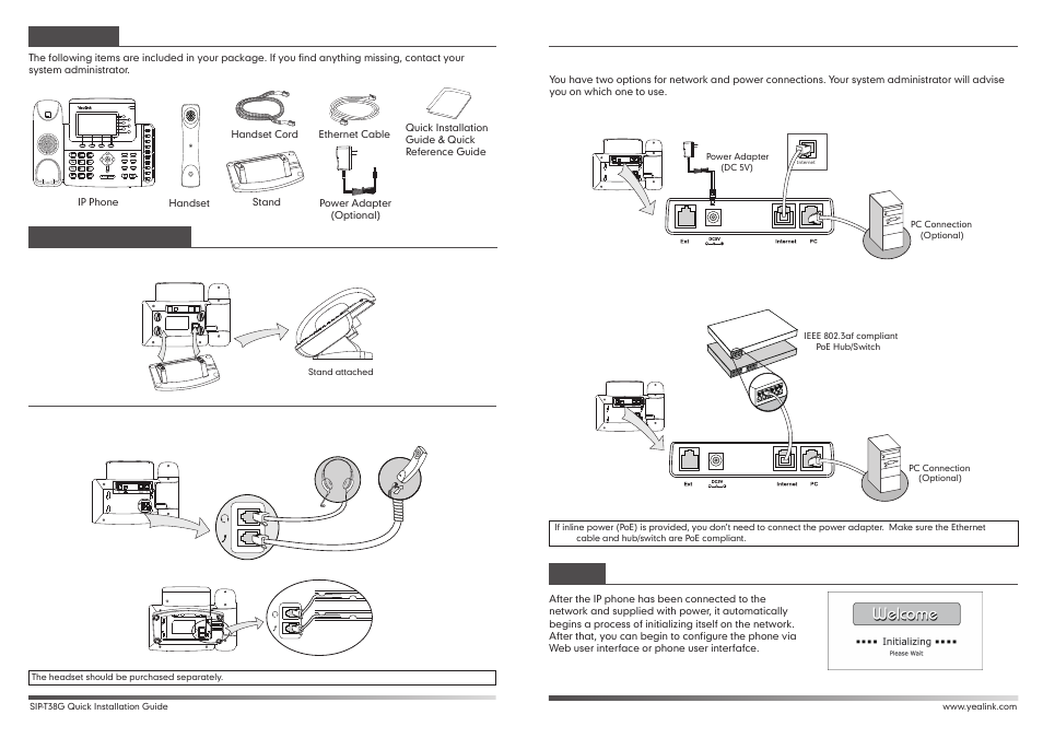 T38(2).pdf, Startup, Packing list assembling the phone | Yealink SIP-T38G User Manual | Page 2 / 2