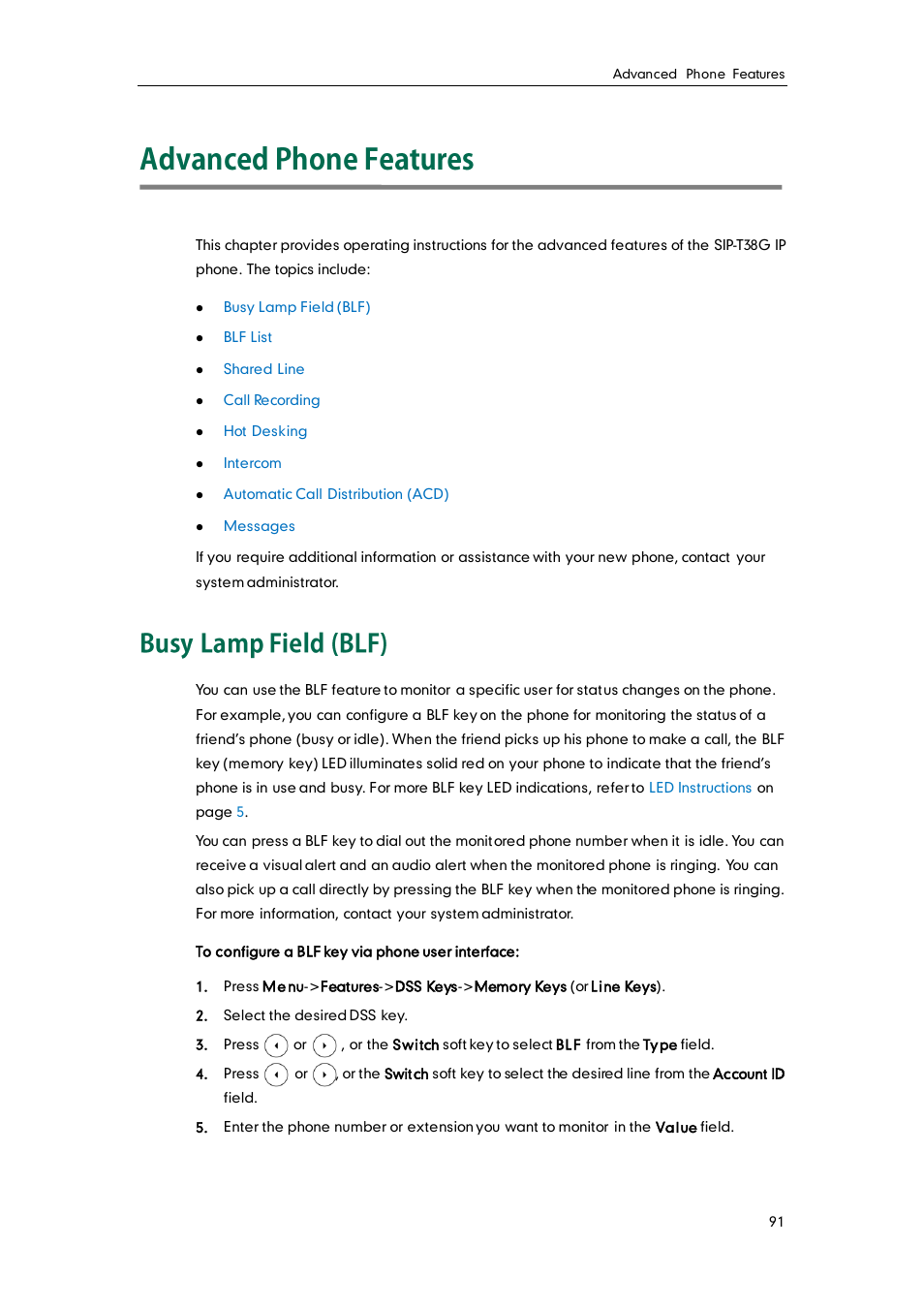 Advanced phone features, Busy lamp field (blf) | Yealink SIP-T38G User Manual | Page 101 / 132