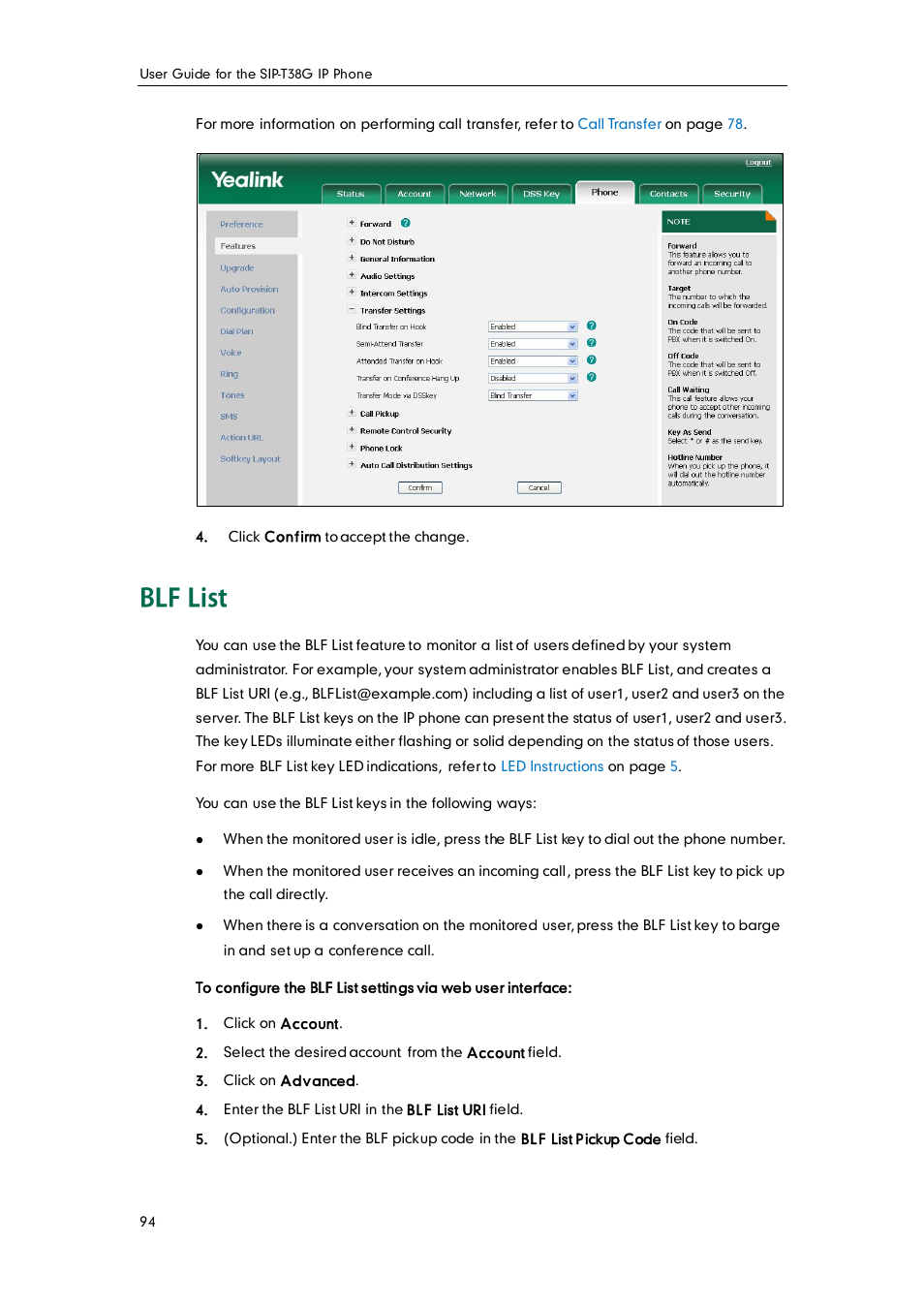 Blf list | Yealink SIP-T38G User Manual | Page 104 / 132