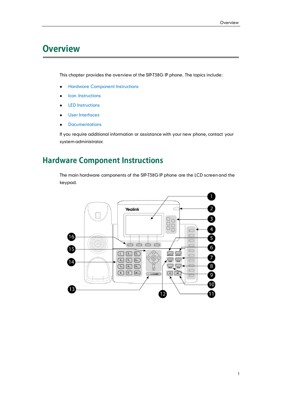 Overview, Hardware component instructions | Yealink SIP-T38G User Manual | Page 11 / 132