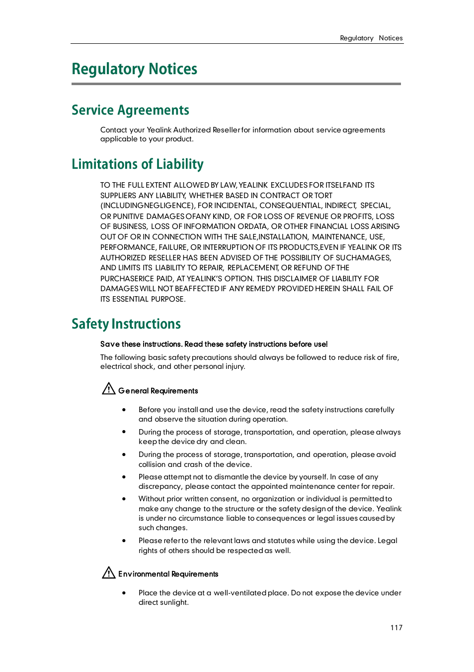 Regulatory notices, Service agreements, Limitations of liability | Safety instructions | Yealink SIP-T38G User Manual | Page 127 / 132