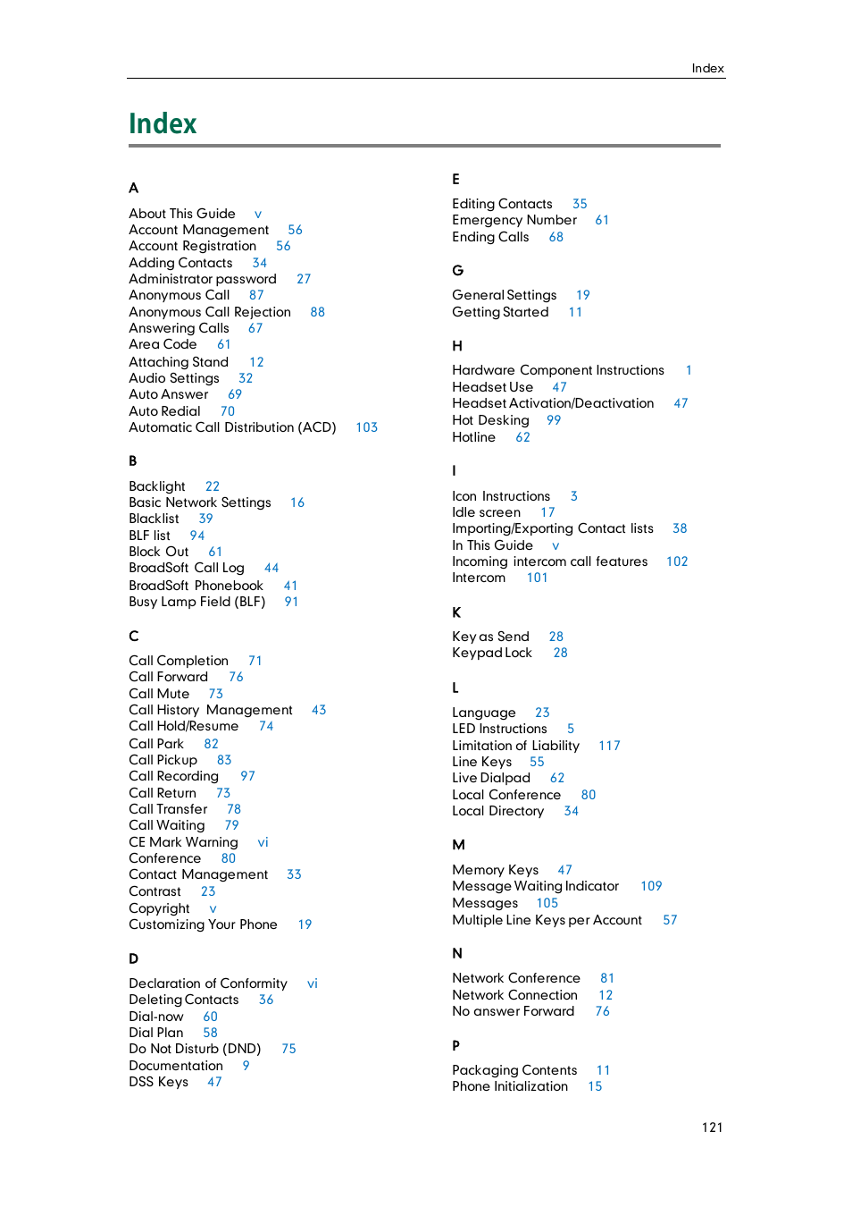 Index | Yealink SIP-T38G User Manual | Page 131 / 132