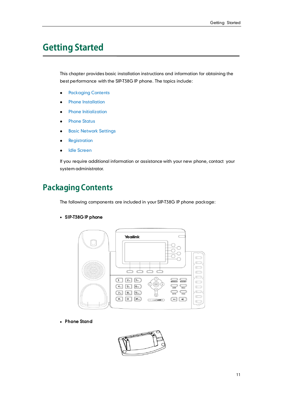 Getting started, Packaging contents | Yealink SIP-T38G User Manual | Page 21 / 132