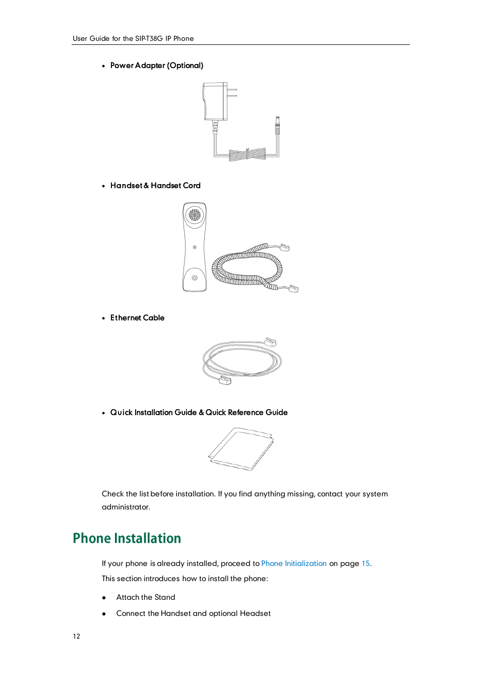 Phone installation | Yealink SIP-T38G User Manual | Page 22 / 132