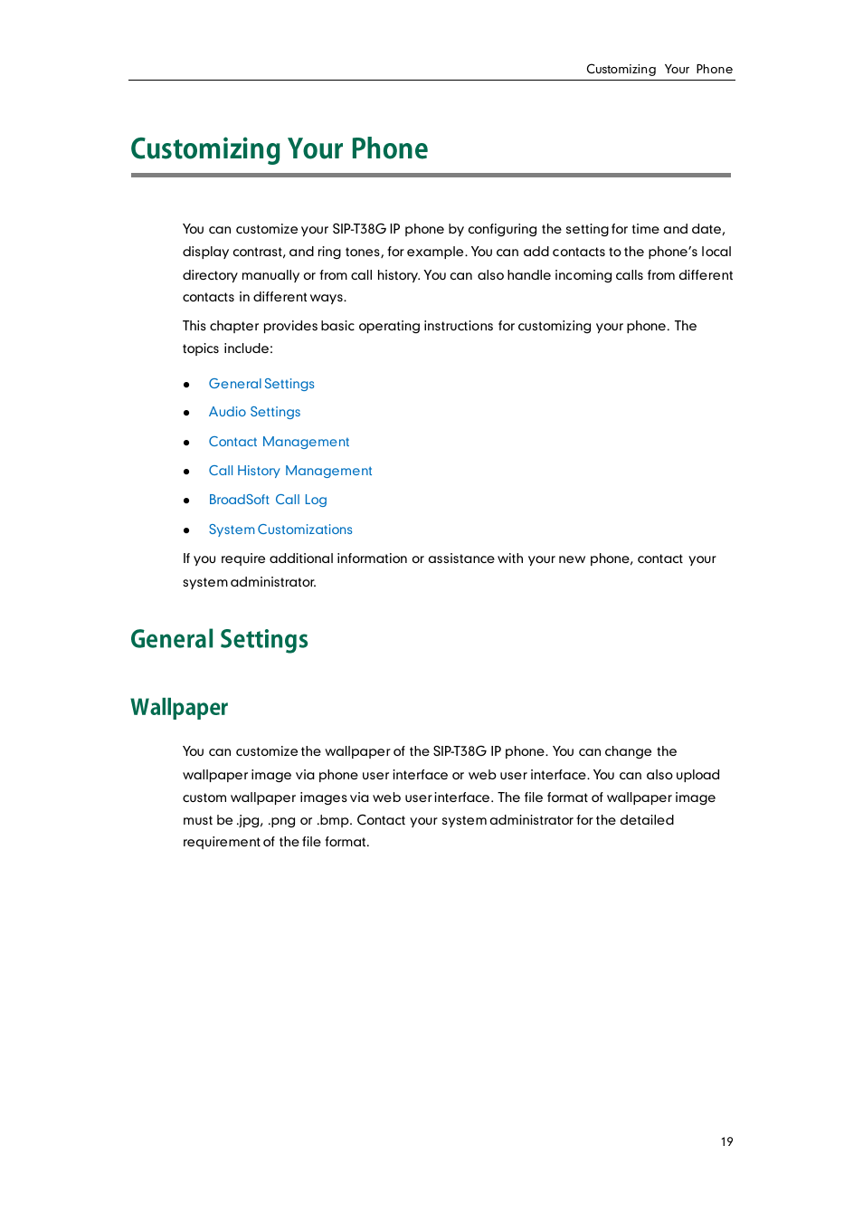 Customizing your phone, General settings, Wallpaper | Customizing, Your phone | Yealink SIP-T38G User Manual | Page 29 / 132