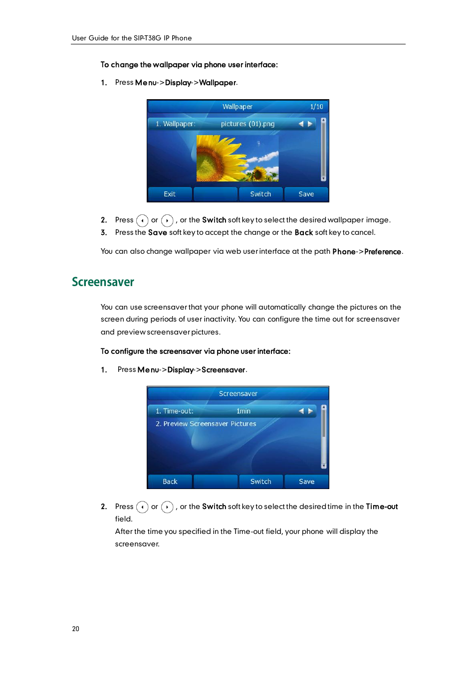 Screensaver | Yealink SIP-T38G User Manual | Page 30 / 132