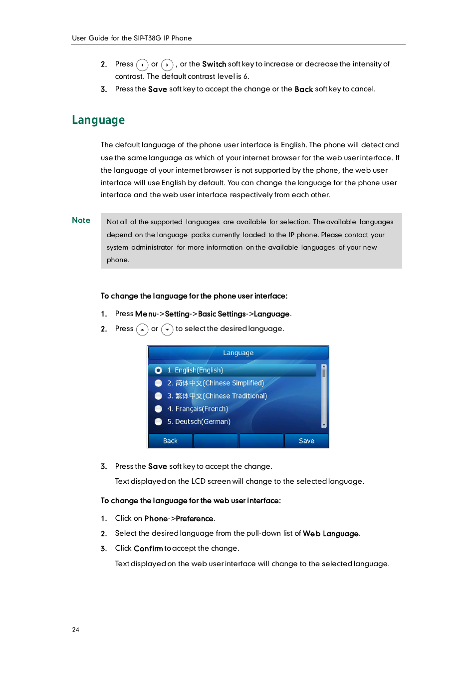 Language | Yealink SIP-T38G User Manual | Page 34 / 132