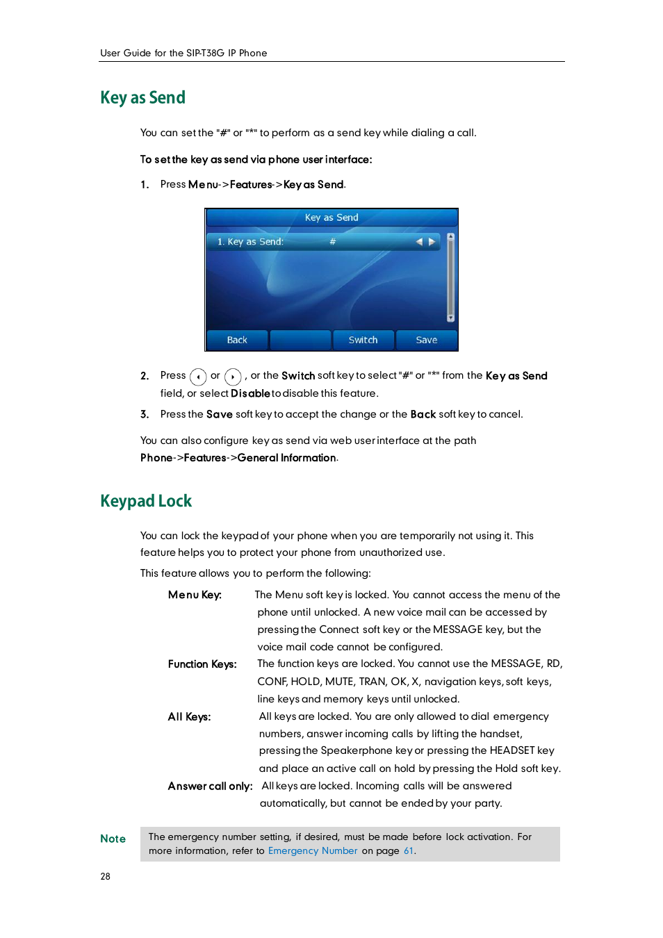 Key as send, Keypad lock | Yealink SIP-T38G User Manual | Page 38 / 132