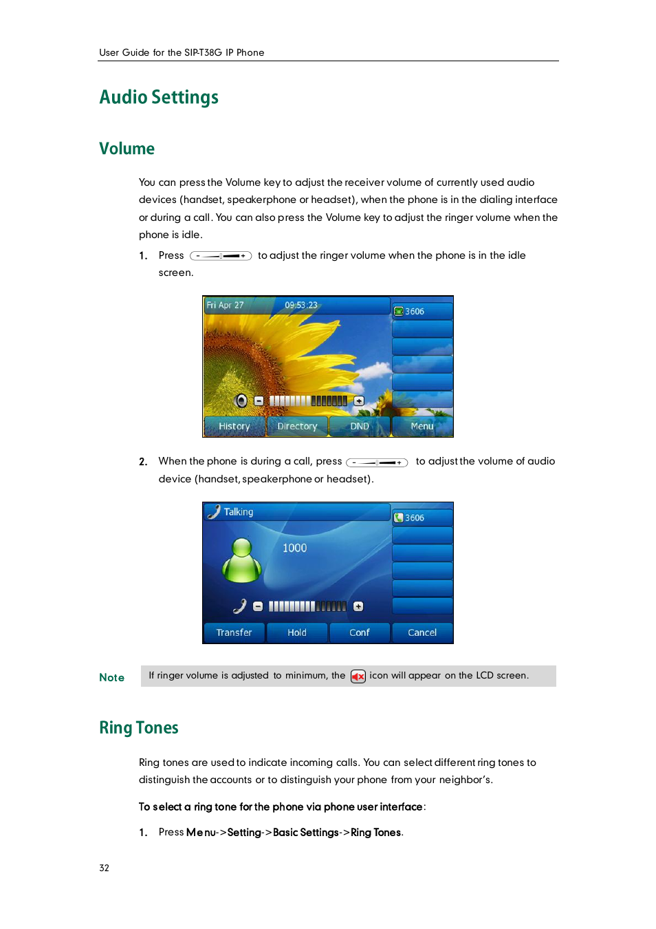 Audio settings, Volume, Ring tones | Yealink SIP-T38G User Manual | Page 42 / 132