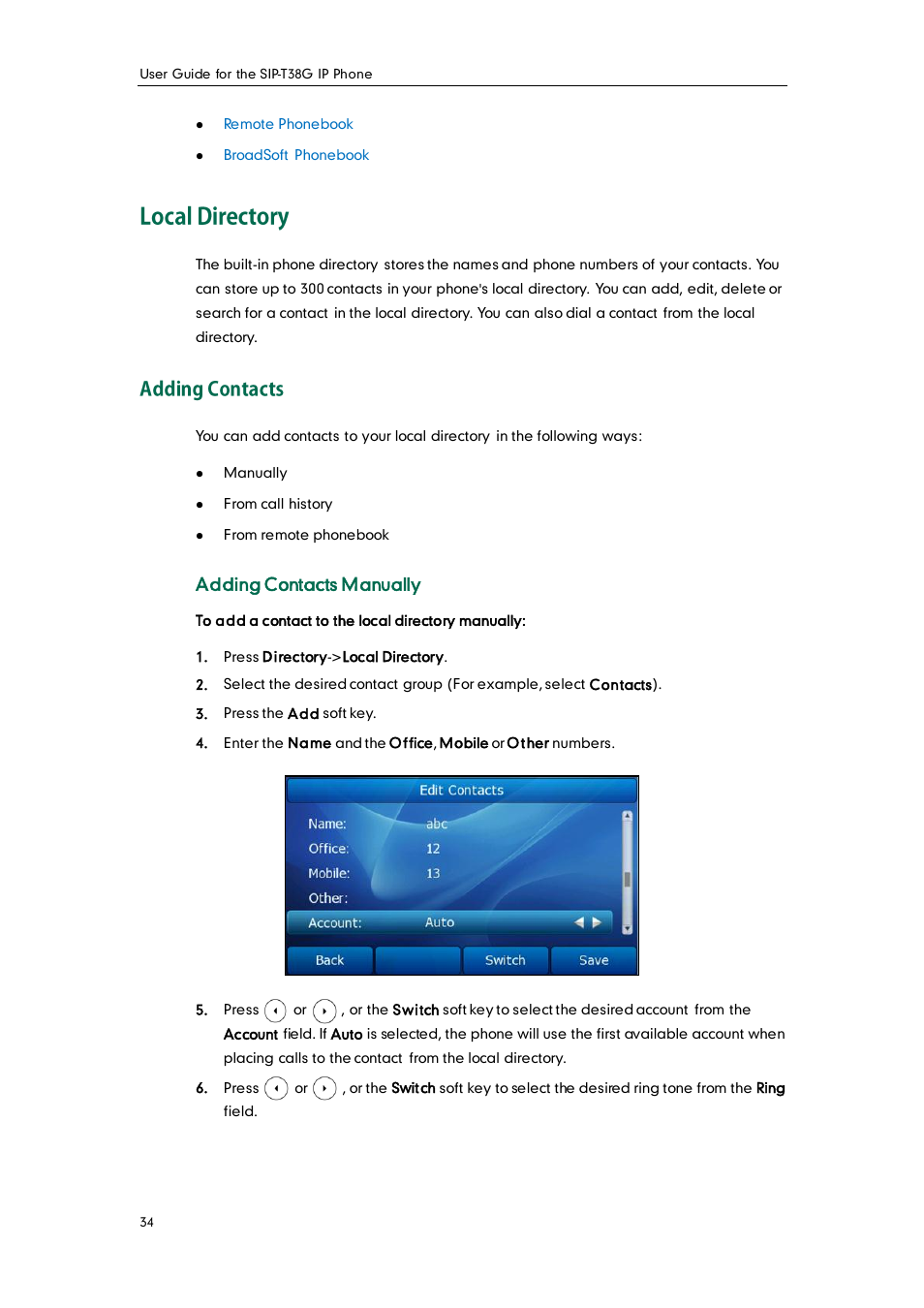 Local directory, Adding contacts, Addin g contacts | Adding contacts manually | Yealink SIP-T38G User Manual | Page 44 / 132