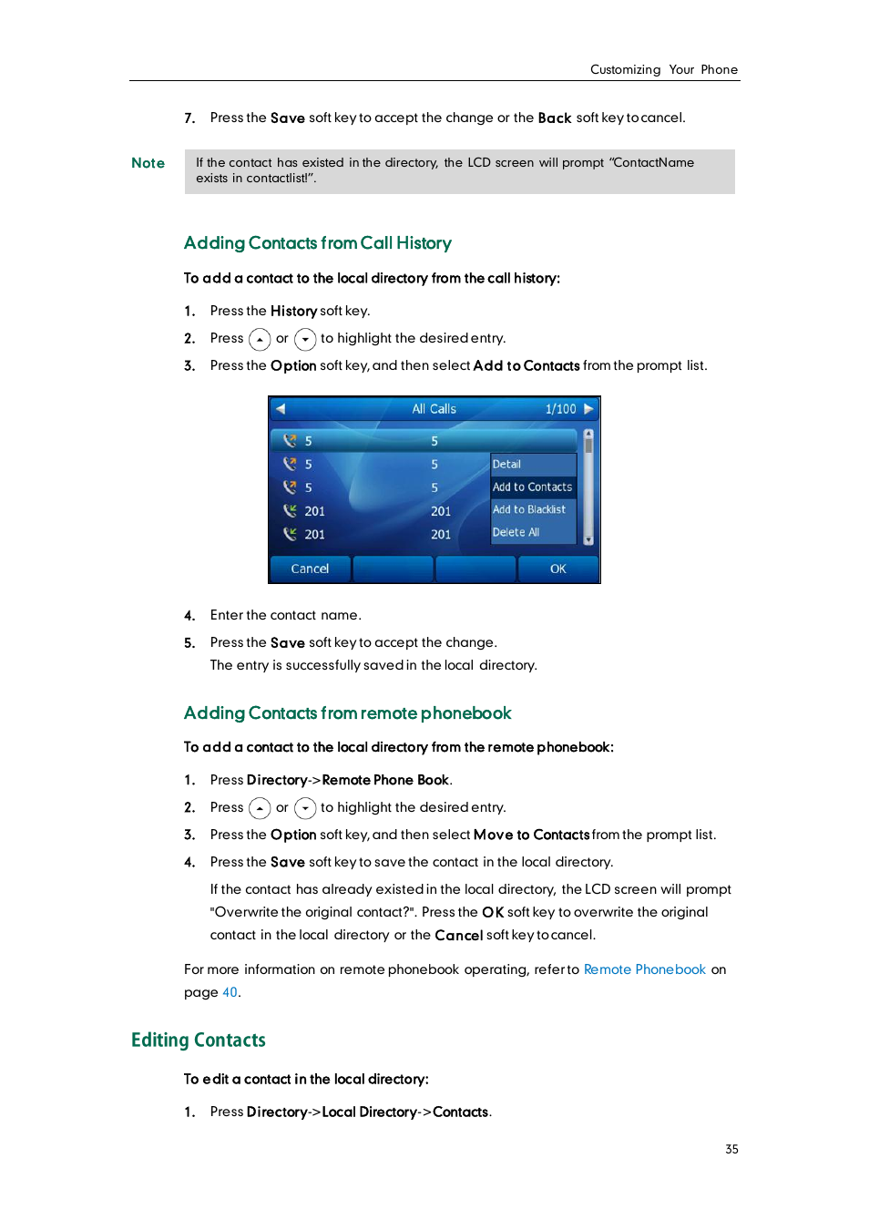 Editing contacts, Adding contacts from call history, Adding contacts from remote phonebook | Yealink SIP-T38G User Manual | Page 45 / 132