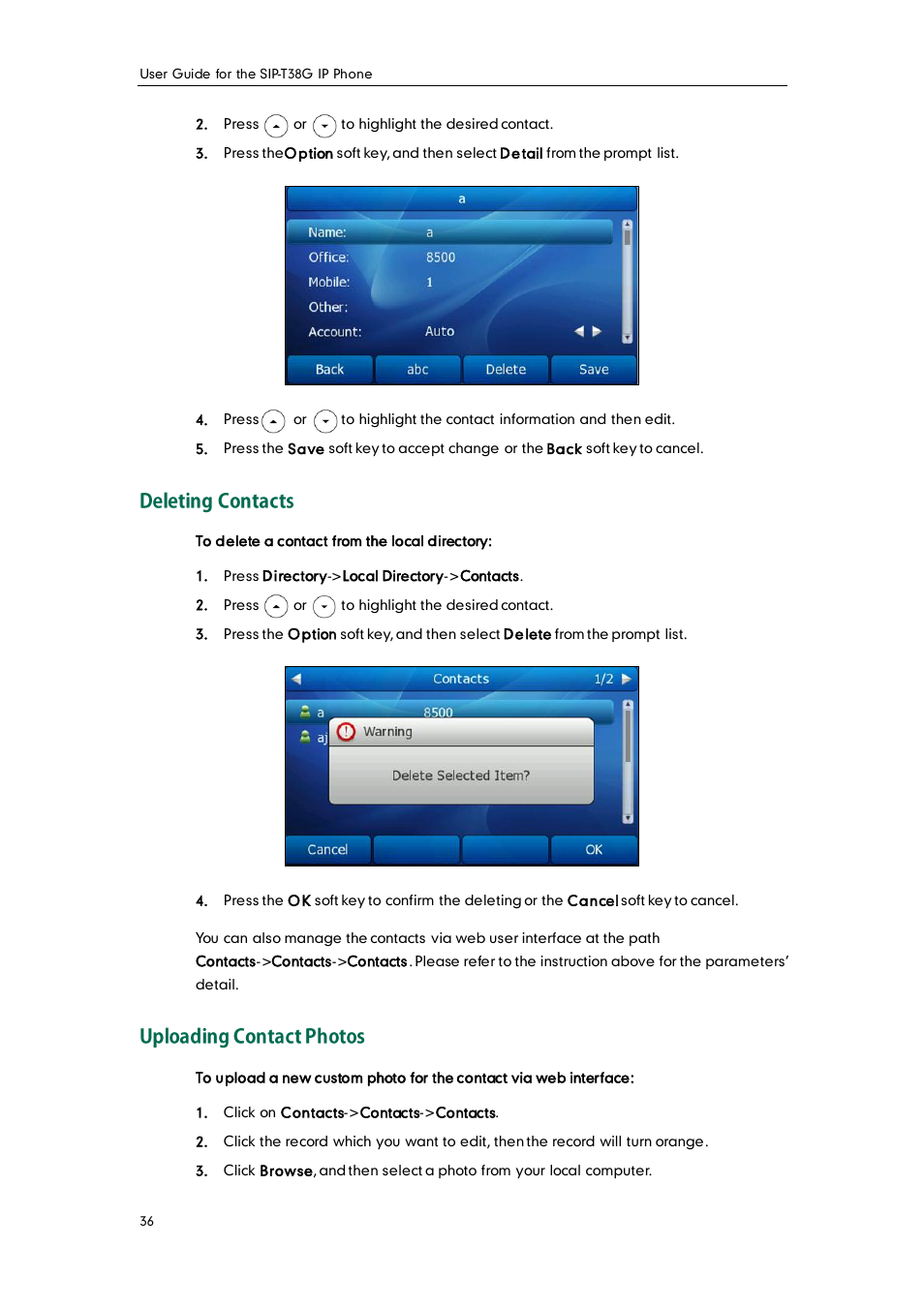 Deleting contacts, Uploading contact photos | Yealink SIP-T38G User Manual | Page 46 / 132
