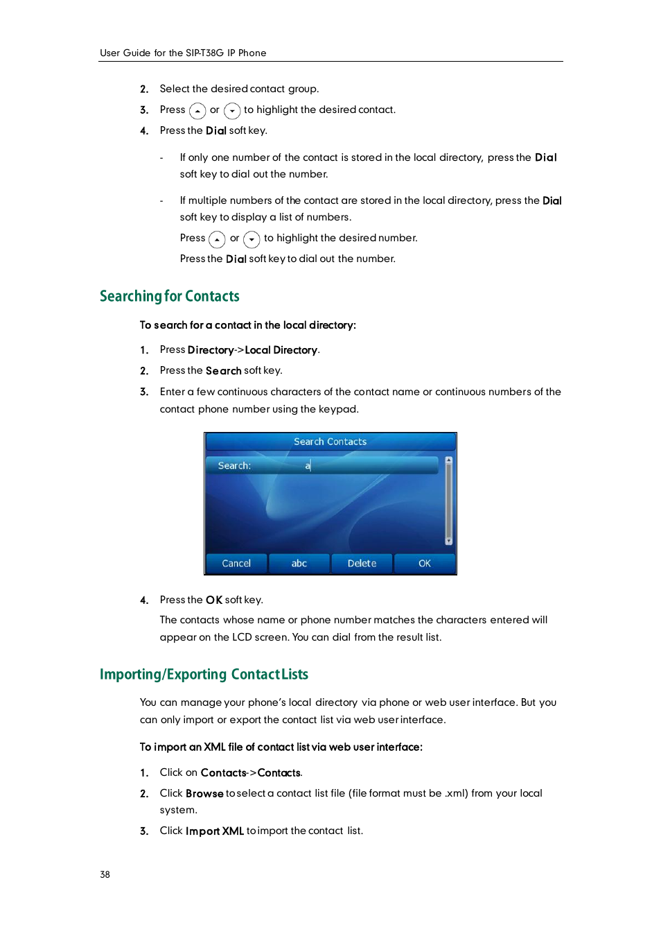 Searching for contacts, Importing/exporting contact lists | Yealink SIP-T38G User Manual | Page 48 / 132