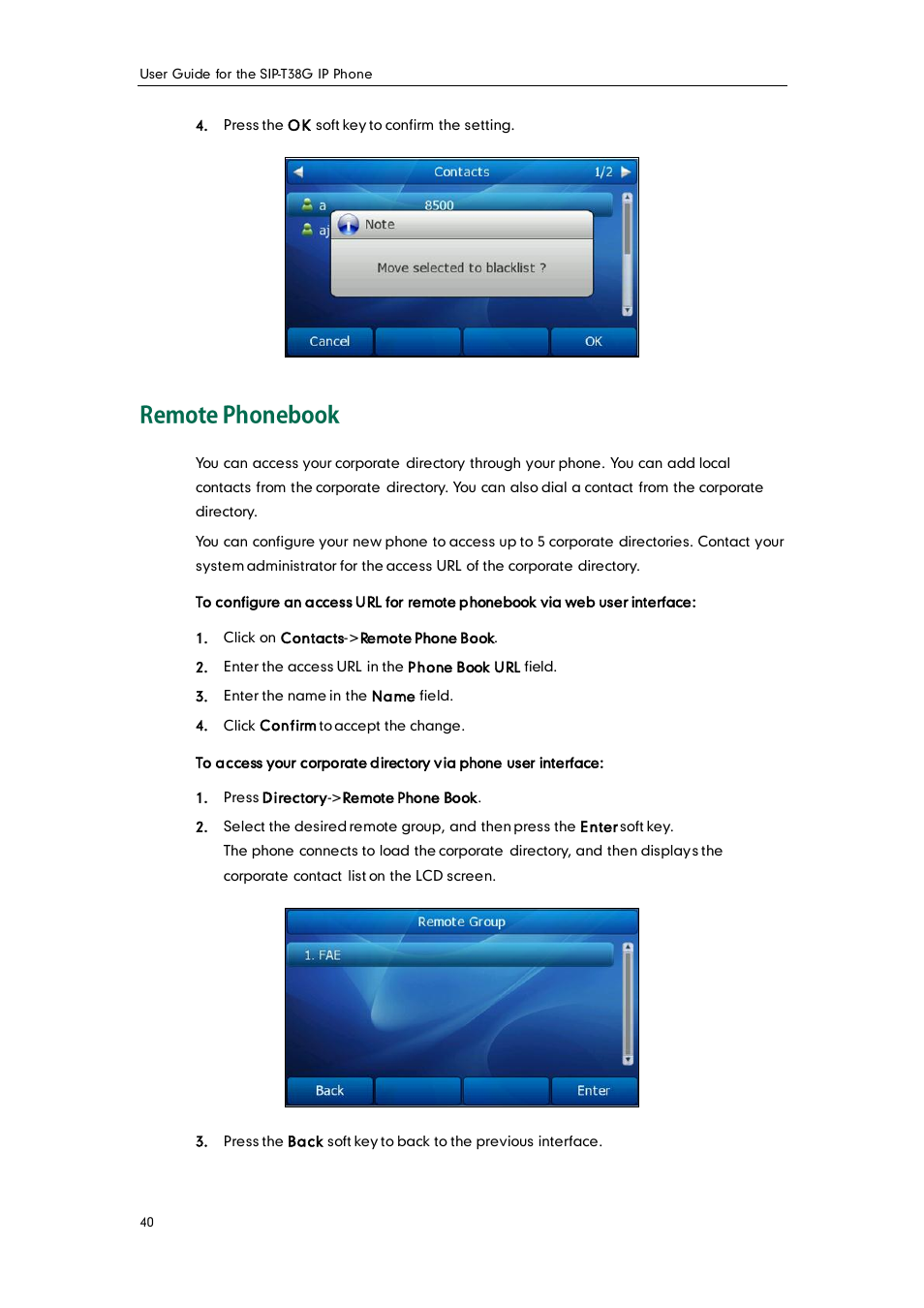 Remote phonebook | Yealink SIP-T38G User Manual | Page 50 / 132