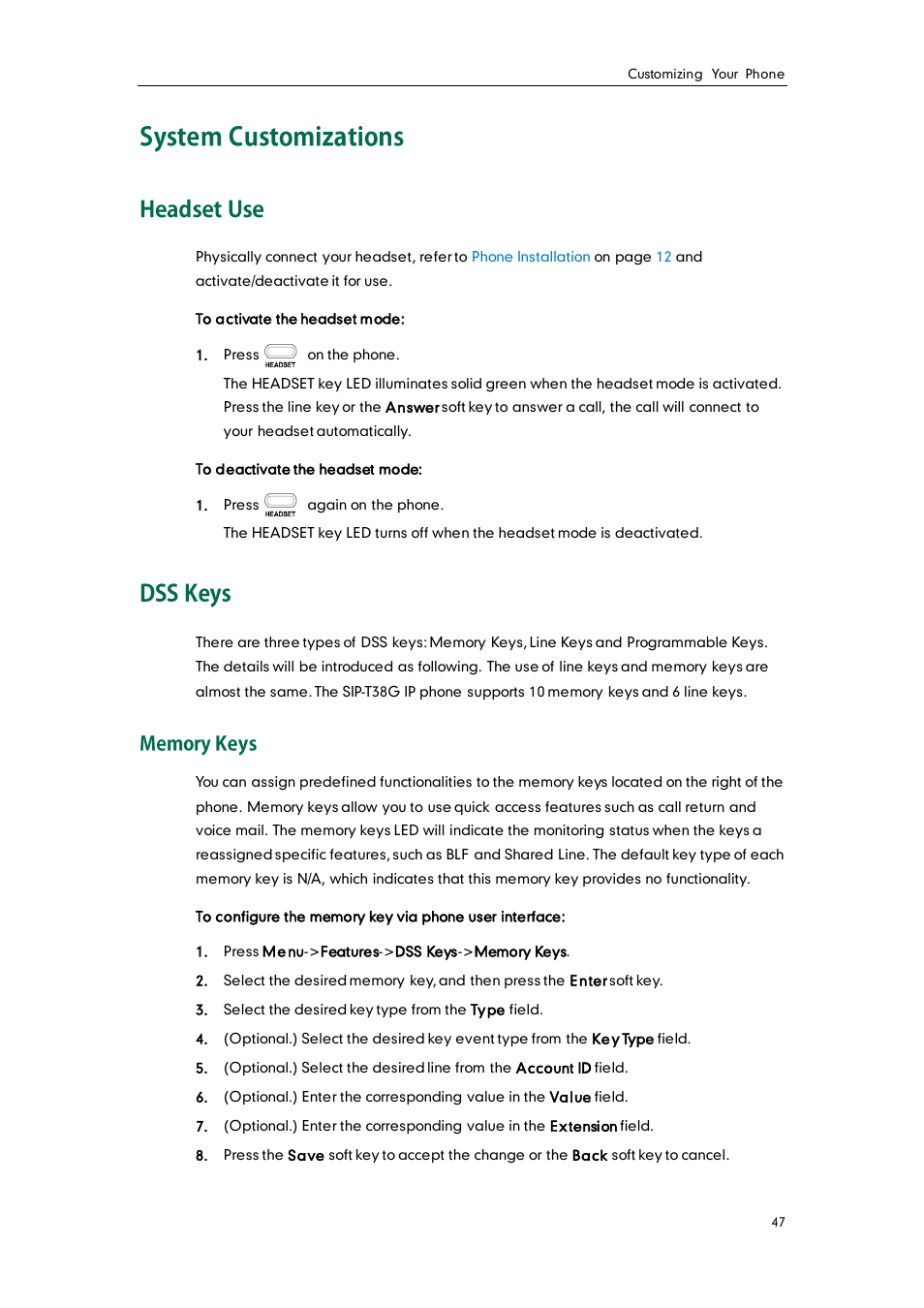 System customizations, Headset use, Dss keys | Memory keys | Yealink SIP-T38G User Manual | Page 57 / 132