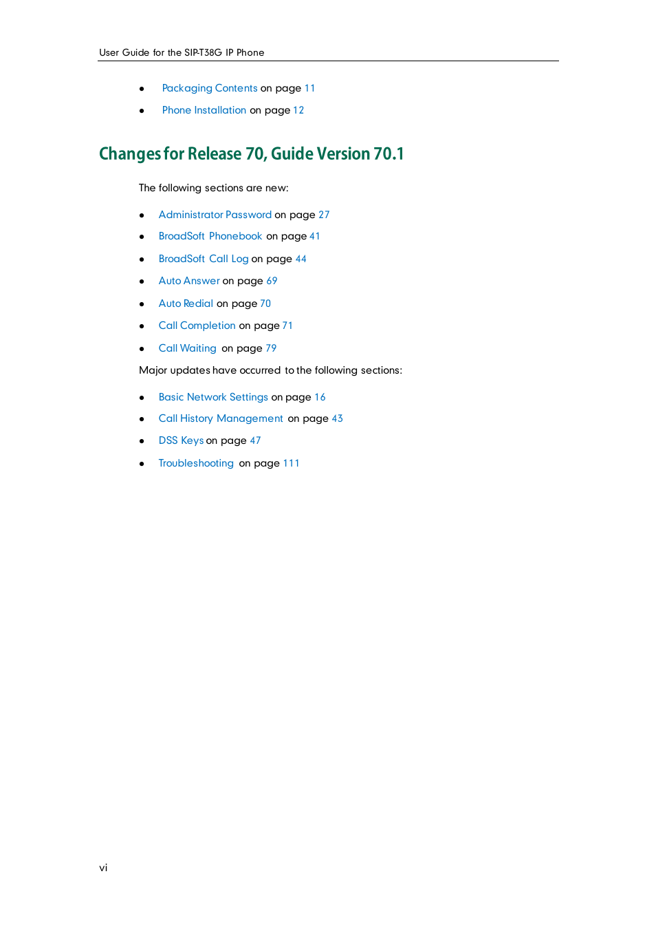 Changes for release 70, guide version 70.1 | Yealink SIP-T38G User Manual | Page 6 / 132