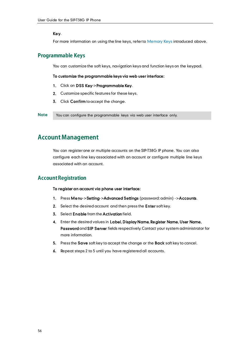 Programmable keys, Account management, Account registration | Yealink SIP-T38G User Manual | Page 66 / 132
