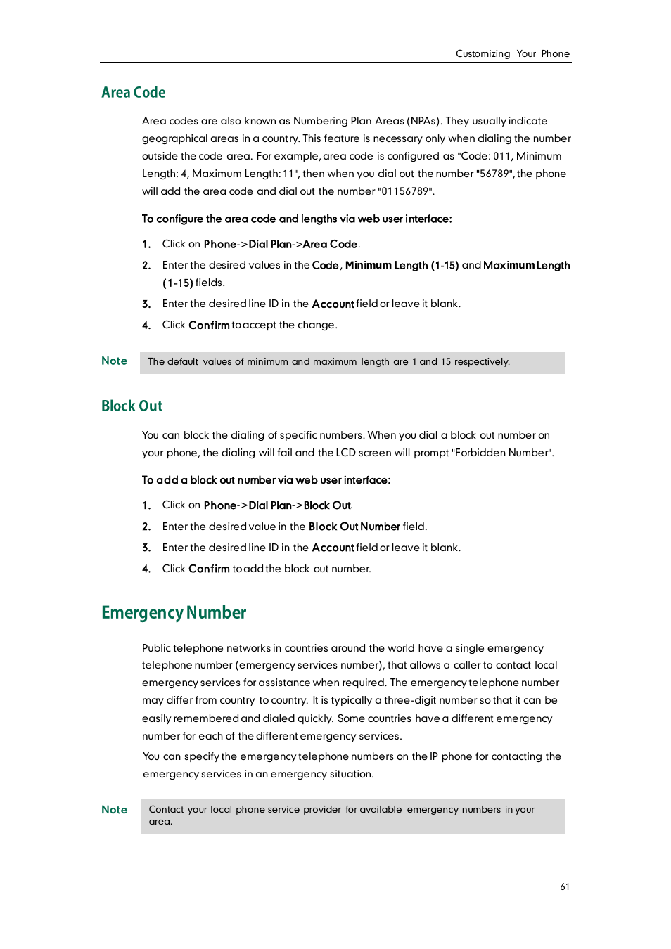 Area code, Block out, Emergency number | Yealink SIP-T38G User Manual | Page 71 / 132