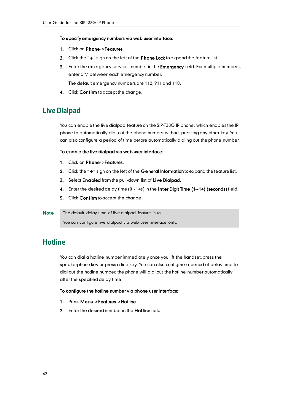 Live dialpad, Hotline | Yealink SIP-T38G User Manual | Page 72 / 132