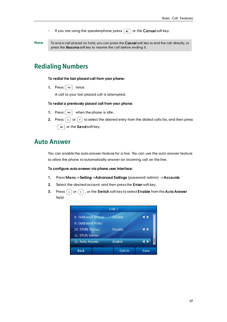 Redialing numbers, Auto answer | Yealink SIP-T38G User Manual | Page 79 / 132