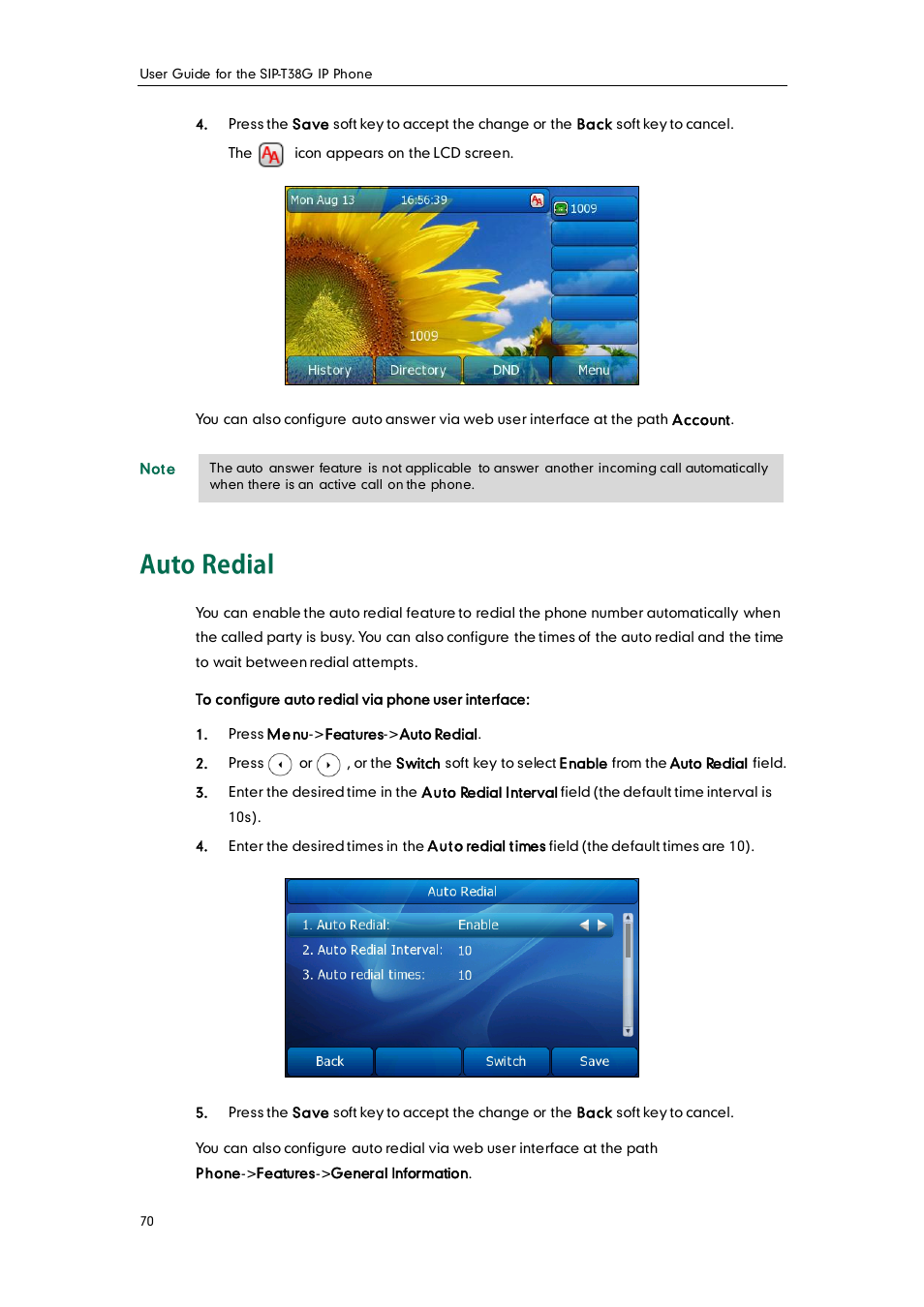Auto redial | Yealink SIP-T38G User Manual | Page 80 / 132