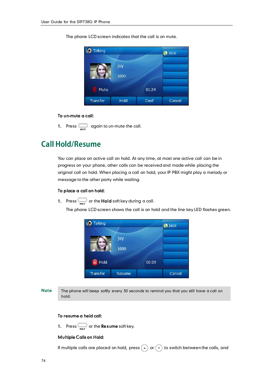 Call hold/resume | Yealink SIP-T38G User Manual | Page 84 / 132