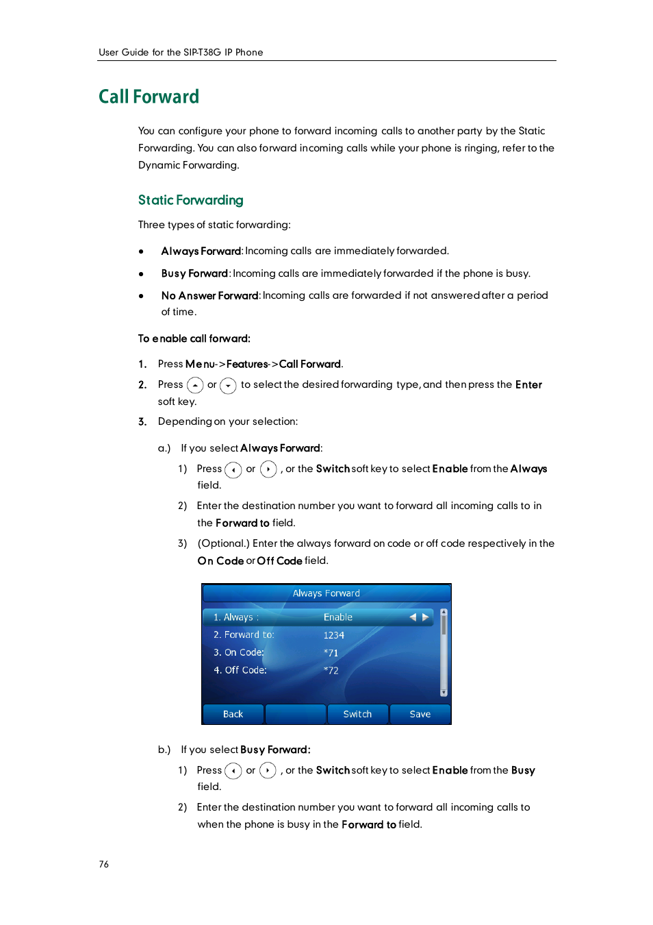 Call forward, Static forwarding | Yealink SIP-T38G User Manual | Page 86 / 132