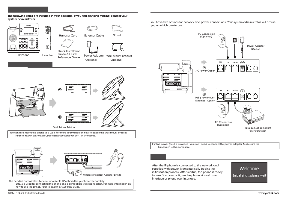 Welcome, Ehs36, T41p | Startup, Packaging contents assembling the phone | Yealink SIP-T41P User Manual | Page 2 / 2