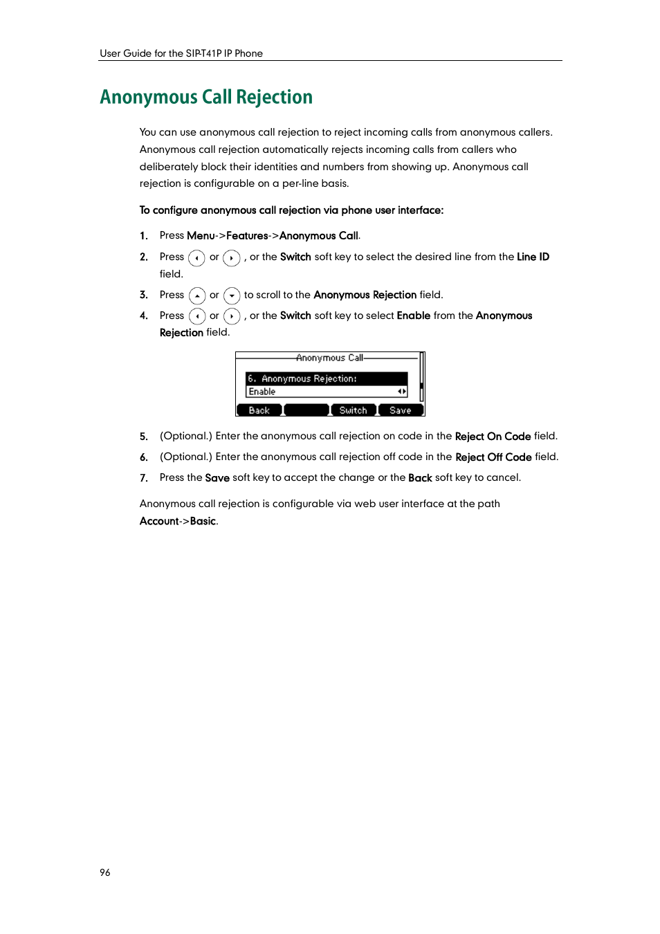 Anonymous call rejection | Yealink SIP-T41P User Manual | Page 106 / 142