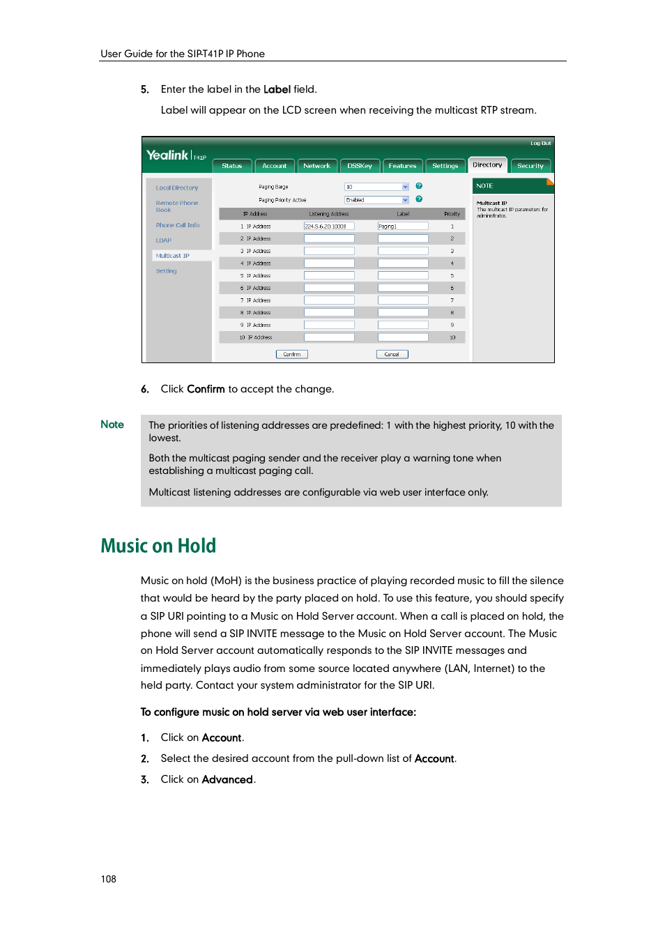 Music on hold | Yealink SIP-T41P User Manual | Page 118 / 142