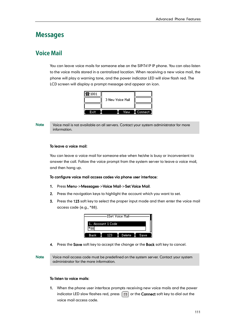 Messages, Voice mail | Yealink SIP-T41P User Manual | Page 121 / 142