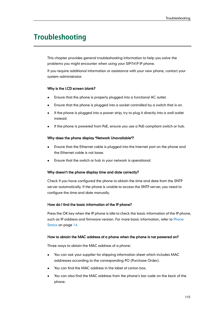 Troubleshooting | Yealink SIP-T41P User Manual | Page 125 / 142