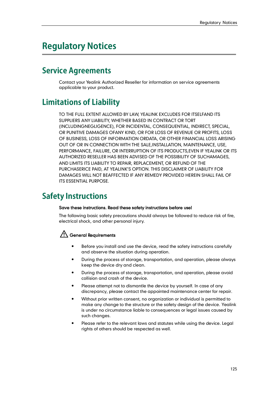 Regulatory notices, Service agreements, Limitations of liability | Safety instructions | Yealink SIP-T41P User Manual | Page 135 / 142